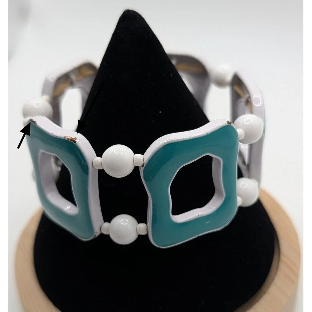 Vintage‎ Teal White Enamel Geometric Stretch Bracelet Mid Century Modern Style